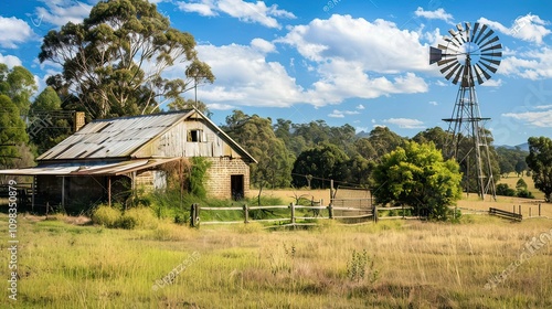 A rustic Australian farmstead with a windmill in the background. photo