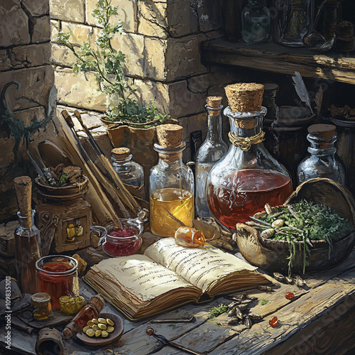 Atmospheric Scenes of an Alchemist's Workshop with Potions, Glass Bottles, and Mystical Tools Illuminated by Moody Light, Evoking Fantasy and Magic photo