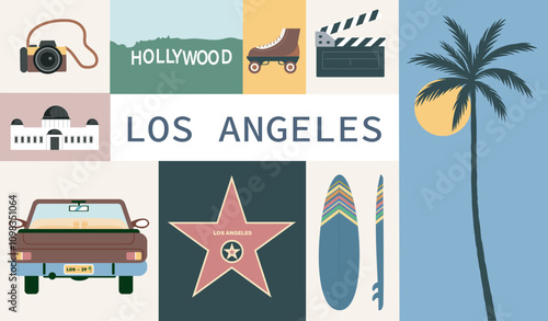 Los Angeles icons set. Palm tree, surfboard, car and camera, roller skate and American flag. International landmark. Travel and tourism. Holiday and vacation. Flat vector illustration