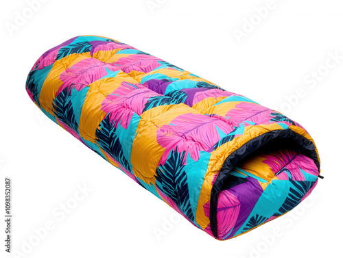 Colorful sleeping bag with tropical patterns on a white isolate background. photo