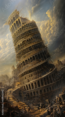 Workers labor on the immense Tower of Babel, a spiraling structure reaching the sky. Confusion and frustration mount as languages divide them under a cloudy sky with light breaking through photo