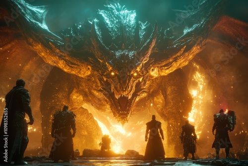 Raid group facing a massive dragon boss with intricate UI with health bars and cooldowns, captured using wide lens on dramatic battle lighting, with copy space photo