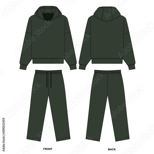Sketch set of green color tracksuit, front and back view, vector. Set of drawings of oversize hoodie and straight wide joggers pants, isolate on white background.