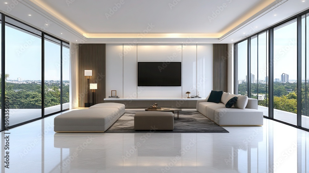 Fototapeta premium Minimalist Living Room with White Wall and Sofa, Decor Accessories - 3D Rendered Interior Design