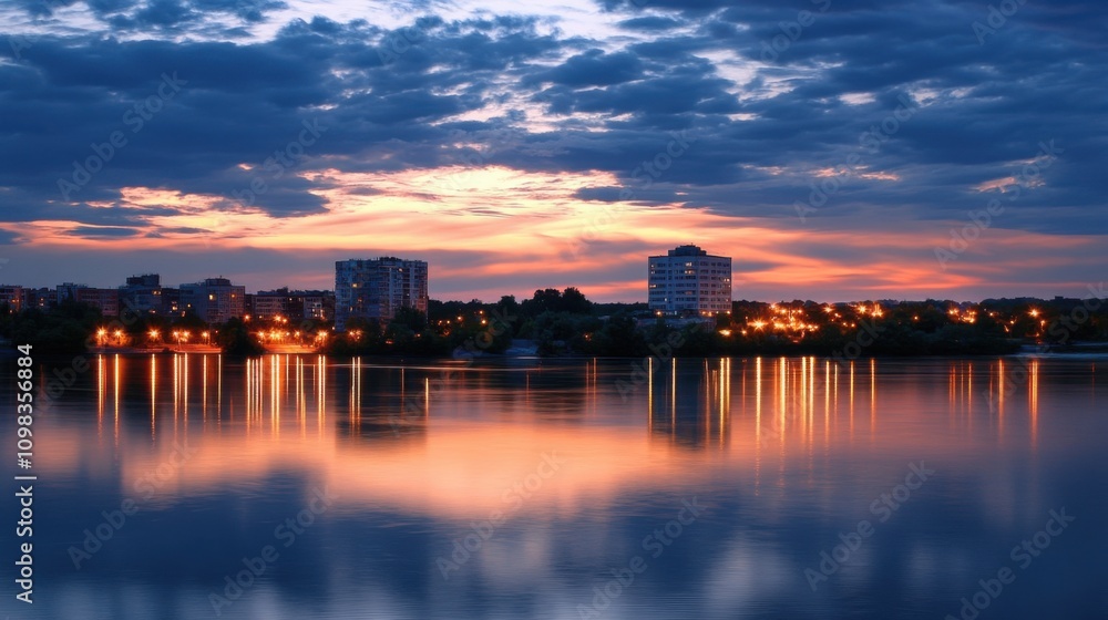 Fototapeta premium Beautiful Sunset Over City Skyline Reflected in Calm Water