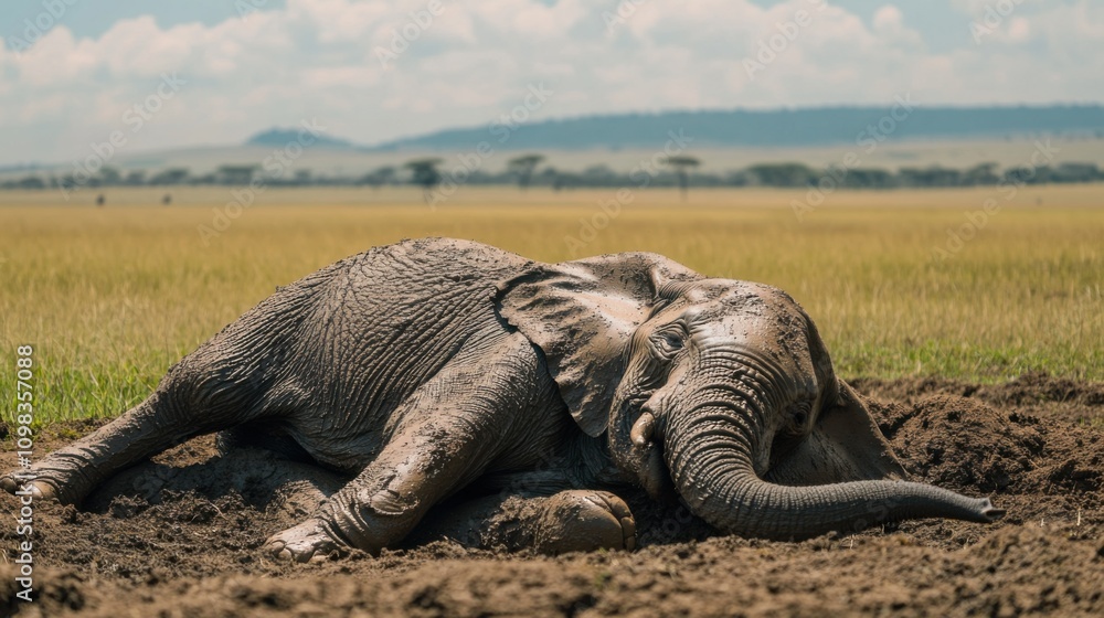 Fototapeta premium Young Elephant Relaxing in Muddy Patch on Serene Safari Landscape