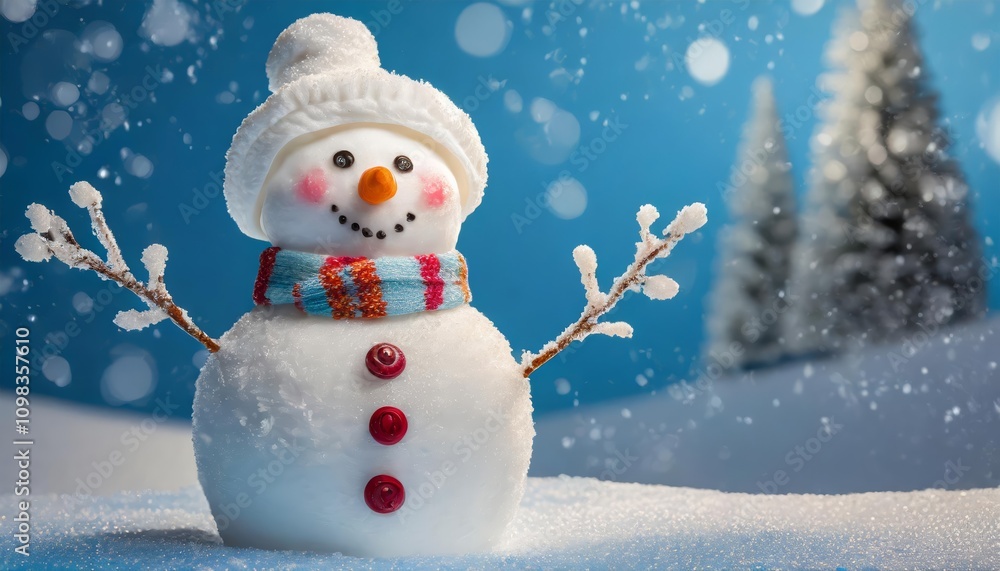 Fototapeta premium Whimsical illustration of a cheerful snowman with a carrot nose, vibrant scarf, and playful demeanor set against a serene blue backdrop, evoking the magical essence of winter joy.