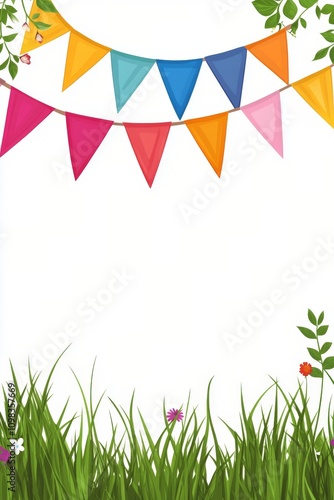 Colorful decorative bunting and grass for a festive outdoor celebration in bright daylight