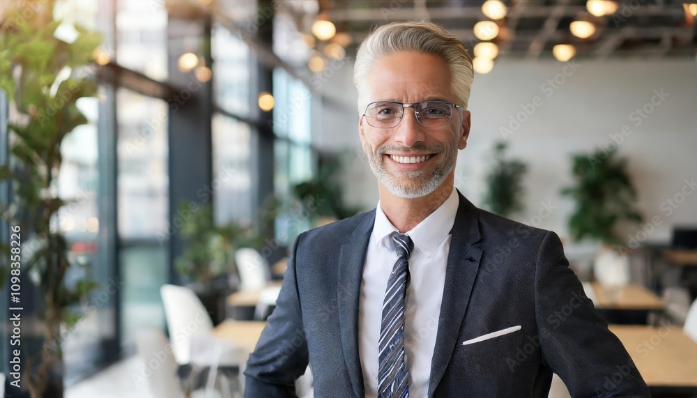 Fototapeta premium Confident mid-aged older business man executive standing in modern office, exuding professionalism and success, symbolizing leadership, experience, and positivity in the workplace