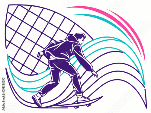 Vector illustration of a black silhouette surfer with surfboard in surfing sport activity