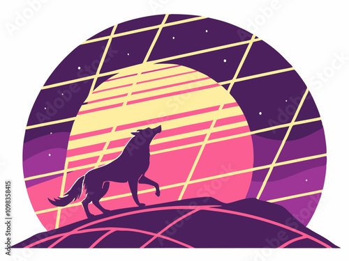 Black cat silhouette on the moon at night, a wild animal illustration