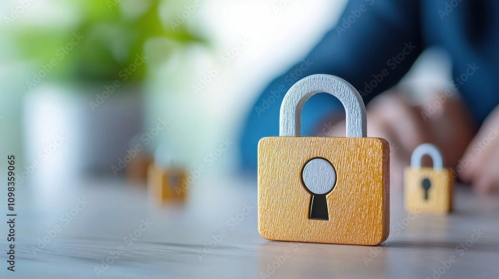 Fototapeta premium Wooden padlock on a desktop surrounded by office supplies symbolizing data protection cybersecurity and privacy in a business or work environment