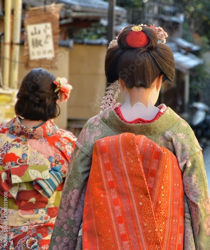 Japanese women wearing kimonos in Kyoto, Japan