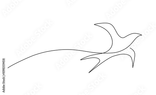 Continuous one line drawing of a flying swallow bird, symbolizing freedom, peace, and motion. Perfect for logos, tattoos, nature themes, and artistic designs, Vector illustration Editable stroke	 photo