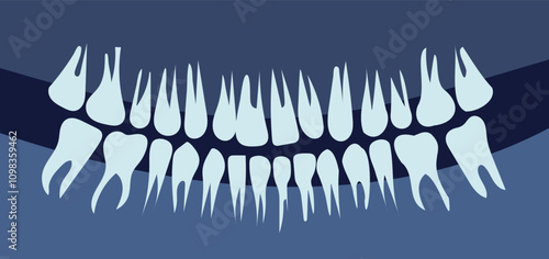 X rays image with bone. Xray of mouth with teeth. Dentistry and stomatology. Diagnosis and treatment. Healthcare and medicine. Flat vector illustration