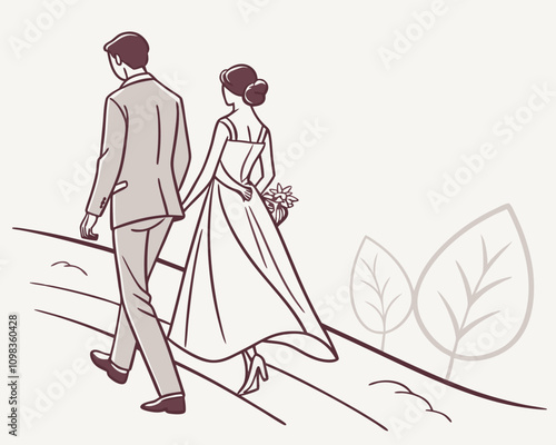 A cartoon bride and groom, a loving couple in vintage fashion, celebrate their marriage ceremony with a bouquet