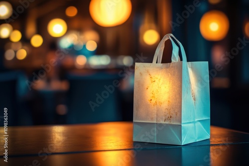 White paper takeout bag with slight grease stain effect, captured using standard lens on warm restaurant lighting, with copy space photo