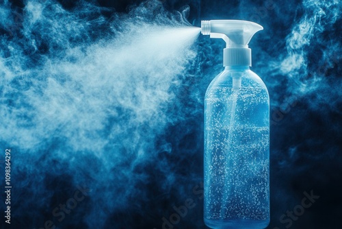 White plastic spray bottle with cool blue accent lighting, captured using telephoto lens on water mist effect, with copy space photo