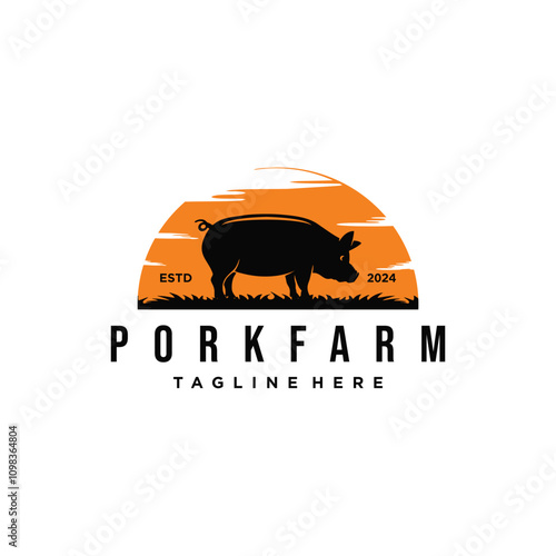 Vector vintage badge with pig for pork farm logo design