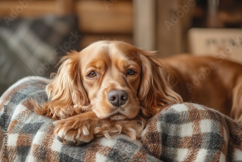 English cocker spaniel sleeping covered with blanket in wooden shed photo