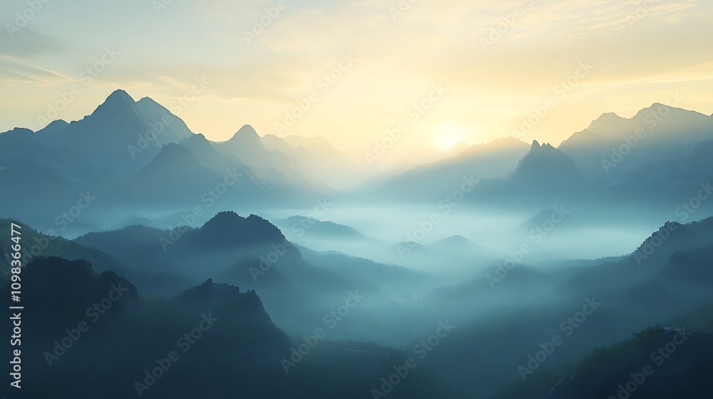 Obraz premium Misty sunrise over majestic mountain range.