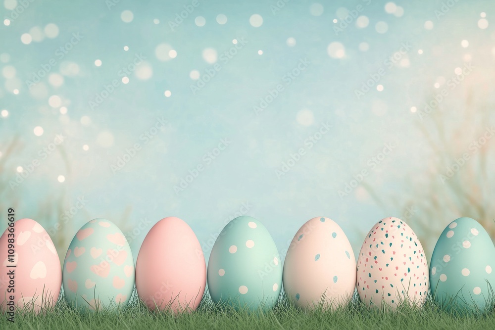 Fototapeta premium Colorful pastel eggs arranged on grass with a blue sky and soft clouds