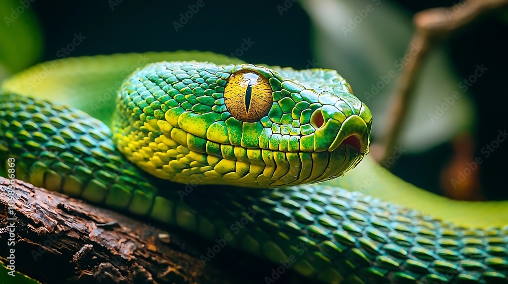 Fototapeta premium Green Tree Viper Snake Closeup Reptile Wildlife Photography