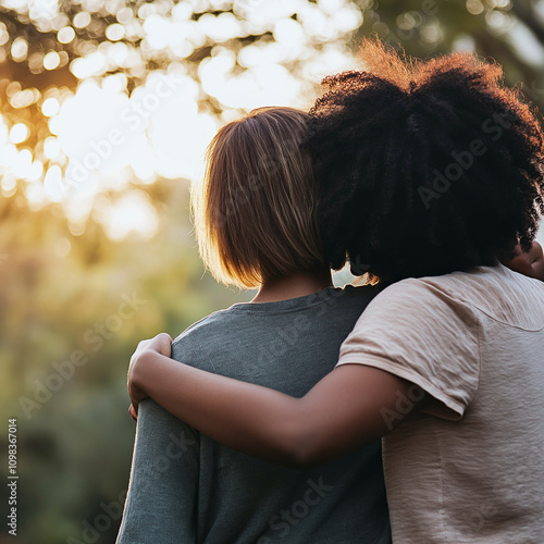 Friends walking side-by-side, one friend with a comforting arm around another’s shoulder, warm and natural lighting, open and peaceful environment, emphasis on solidarity and friendship