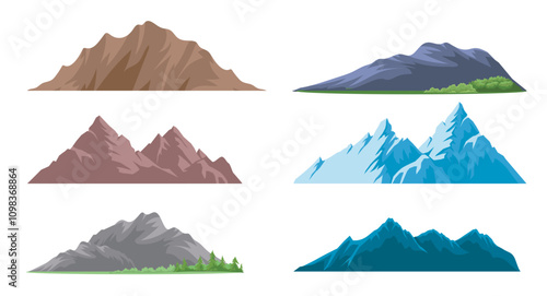 Set of mountains. Beautiful natural landscape and terrain. Red, brown and grey hills. Snowy peaks. Climbing and hiking, mountaineering. Flat vector collection