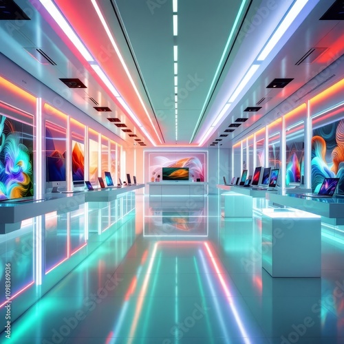 Sleek tech store, showcasing laptops and gadgets.