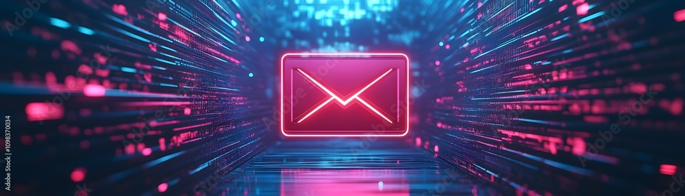 Fototapeta premium Neon Email Symbol in Digital Data Stream
