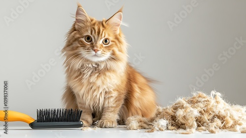 Fluffy Orange Cat Sitting Next to Grooming Brush with Pile of Shedding Fur on White Background, Highlighting Pet Care and Hygiene photo