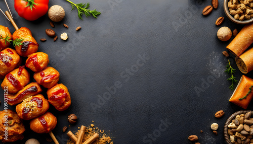 Turkish or arabic cuisine. Turkish food on dark stone background, top view with copy space for text. Kebab, baklava, imam bayildi, spices and nuts isolated highlighted by white, png photo