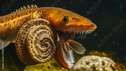 Parasitic Lamprey Feeding on Fish with Sharp Teeth - Detailed Underwater Composition photo