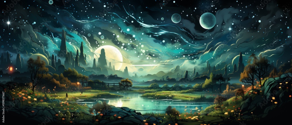 Obraz premium Ethereal Night Landscape with Stars, Planets and Calm Water