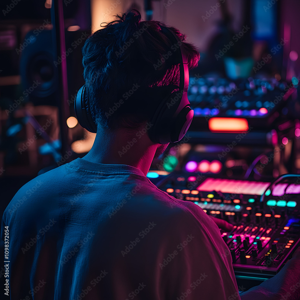 Fototapeta premium Immersed in the rhythm: A digital music producer, bathed in neon hues, meticulously crafts soundscapes on a vibrant mixing console, lost in the creative flow of his studio.