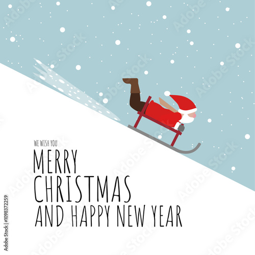 Christmas Greetings. Santa Claus slides down a snowy hill on a sledge. Vector Illustration.