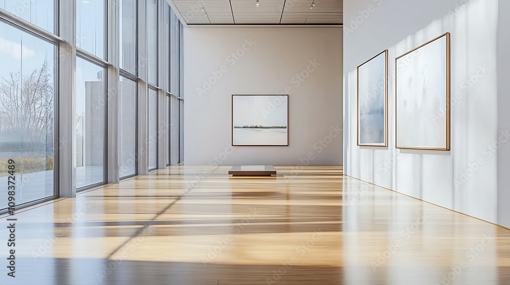 Fototapeta premium Bright and Minimal Art Gallery Space with Large Windows and Ambient Freshness