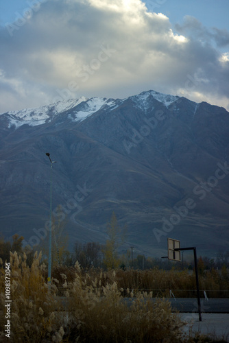 Basketball court against the backdrop of a mountain, Van city, Turkey.