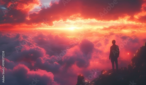 Person Standing on a Cliff, Gazing at the Sun. photo