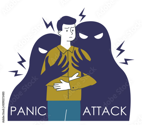 Man with panic attack. Young guy near two shadows. Anxiety and stress. Mental and psychological trauma. Depression and disorder. Linear vector illustration