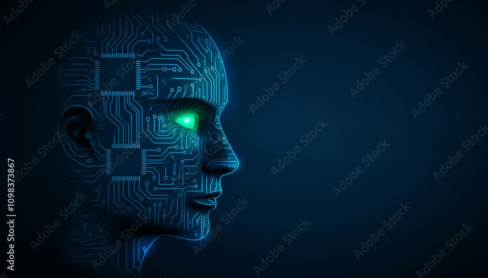 Obraz premium Futuristic digital profile of a human head with glowing green eye and circuit patterns, symbolizing AI, robotics, and advanced technology integration.