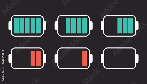 Battery charge low and full energy isolated set. Vector flat graphic design element illustration