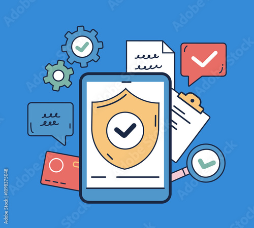 Data privacy protection on computer phone pc laptop. Safety email information personal data internet network connection concept. Modern simple line outline style. Vector cartoon graphic design element