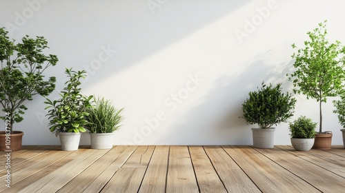Indoor plants arranged in decorative pots on wooden floor with sunlight casting shadows