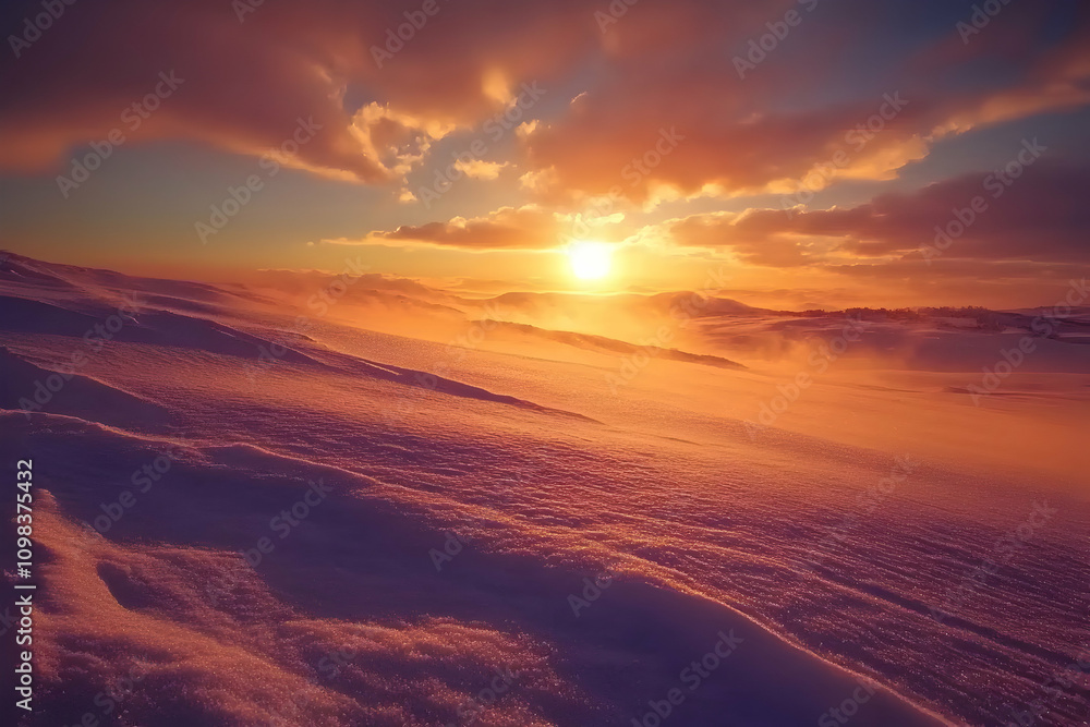 Fototapeta premium Golden rays broadcast warmth over snowy terrain, enhancing the quiet beauty of dusk