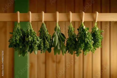 herbal drying rack, selected herbs drying on a wooden rack in a sunlit cottage kitchen, with room for text photo