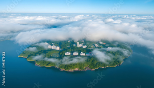 Clouds cover green island drone view. Serene buildings surrounded by morning fog isolated highlighted by white, png