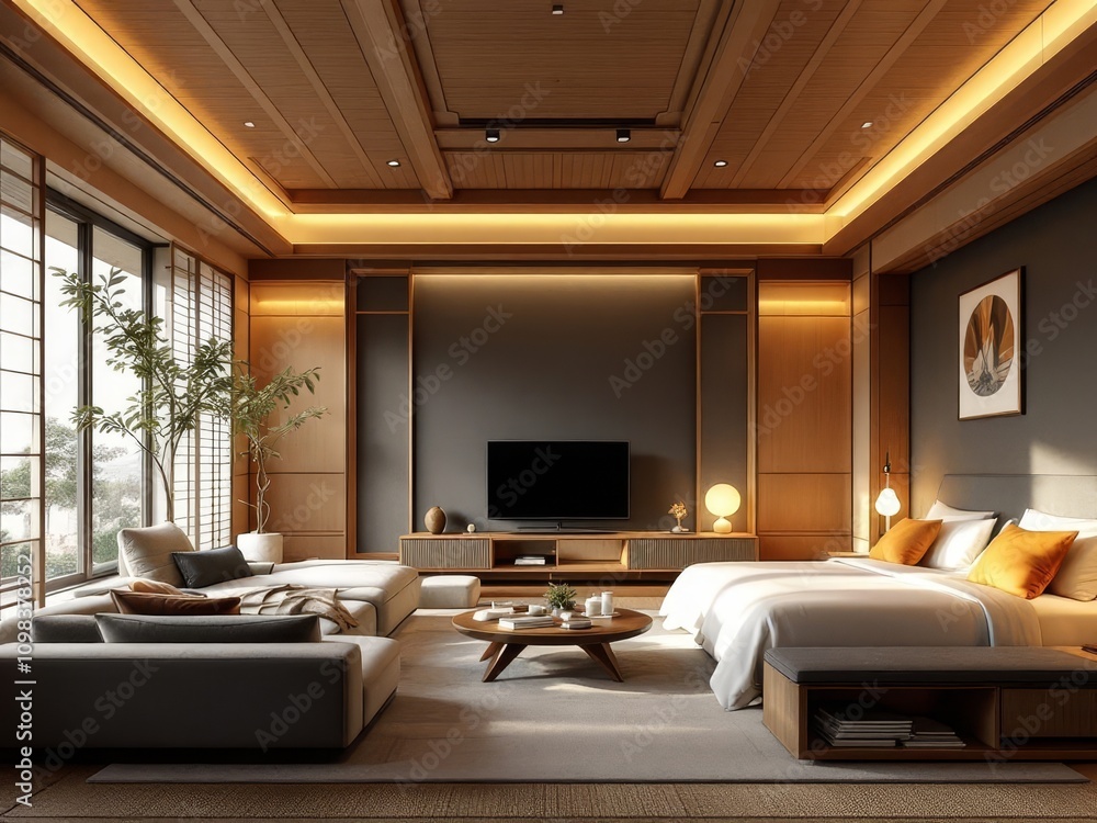 Fototapeta premium Vintage Japanese hotel room, AI-generated art, serene atmosphere.