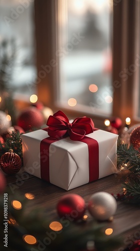 Creative holiday gift arrangement with red ribbon and festive decorations